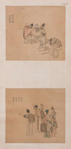 A CHINESE SCROLL OF TWO FIGURAL PAINTINGS, BONHAMS