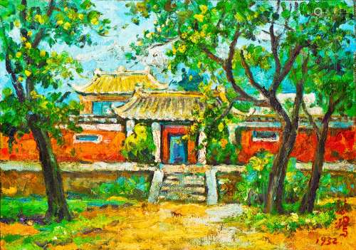 AN OIL PAINTING OF TRADITIONAL HOUSES, AFTER XU BEIHONG