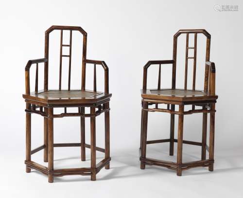 A PAIR OF CHINESE HUANGHUALI HEXAGONAL ROSE CHAIRS