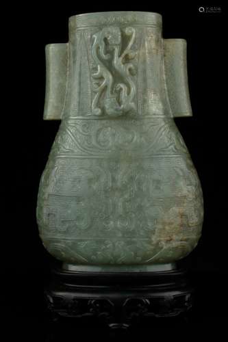 Large celadon jade Hu-form archaistic vase, Ming,,