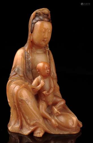 Antique Shoushan Carved Figure of Guanyin, Qing