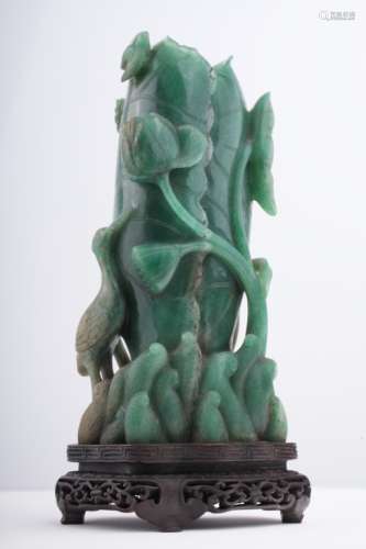 An aventurine 'Lotus and Crane' vase, Qing,