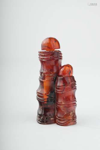 An amber bamboo double snuff bottle, 20th c.