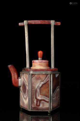 A banded agate mounted pewter tea pot, 19th c.,