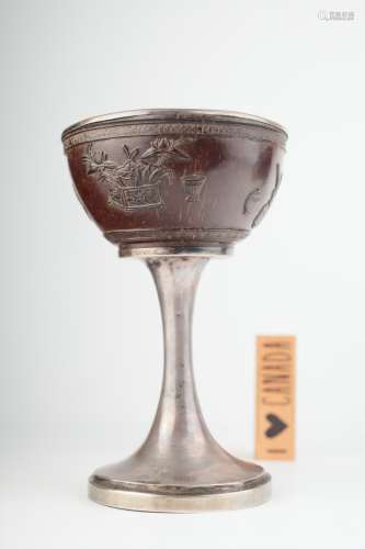 A Chinese export silver mounted coconut cup, Qing,