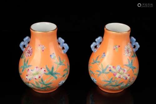 A pair of Famille-Rose Hu form vases, Republic,