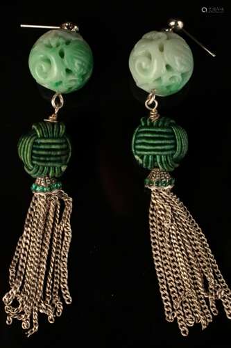 A pair of natural jadeite earrings, Qing,