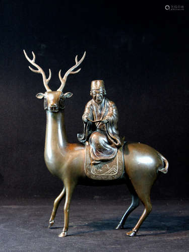 Chinese Bronze Censer of Scholar Riding Deer