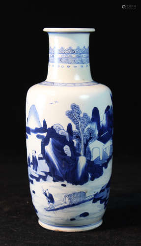 Chinese Blue White Landscape Porcelain Vase - Kangxi