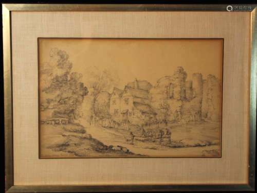 English Pencil Drawing of Landscape - Bea Ding Abbey 1811