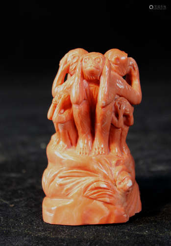 Japanese Coral Carving of Monkey Group