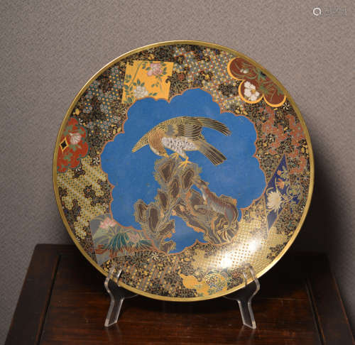 Japanese Cloisonne Charger with Hawk Scene