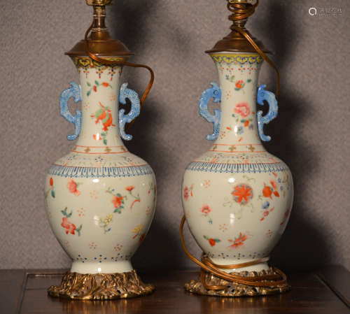 Pair Chinese Famille Rose Porcelain Lamp Vases