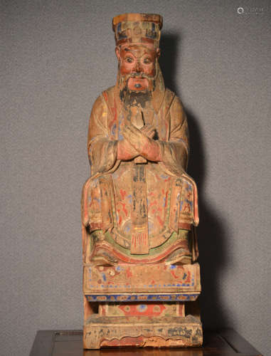 Chinese Large Wood Daoist Figurine with Polychrome Pigment