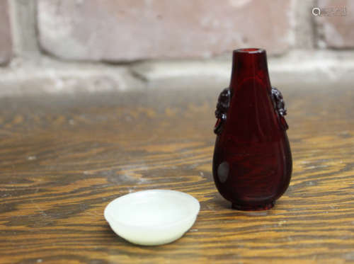 Chinese Ruby Glass Snuff Bottle with a White Jade Snuff Dish