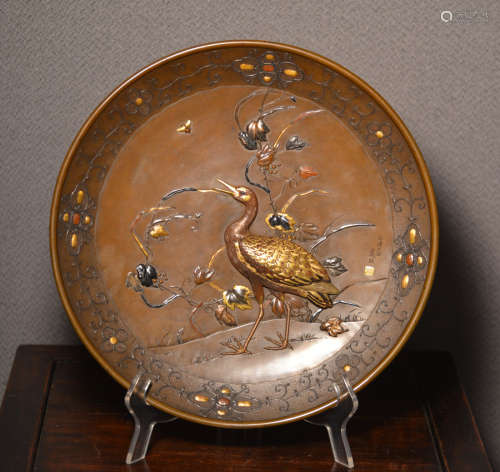Japanese Mixed Metal Bronze Charger with Heron Scene
