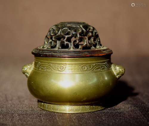 Chinese Bronze Censer with Wood Cover