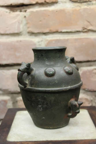 Chinese Archaic Bronze Vase with Green Patina