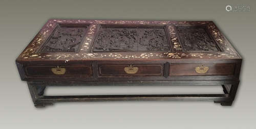 Large Chinese Rectangular Rosewood Low Table with Figural Carving