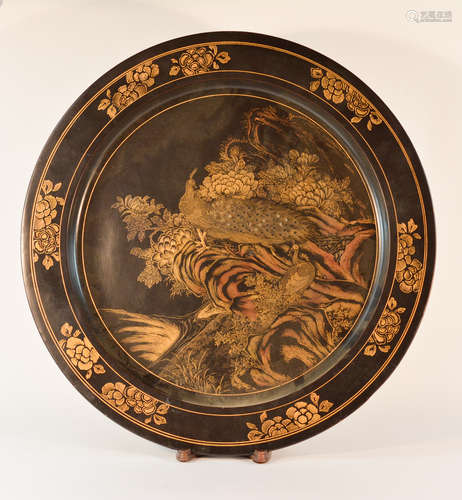 Large Chinese Black Lacquered Charger with Gilt Decoration