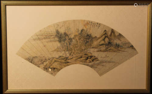 Chinese Classic Fan Painitng - Landscape on Golddust Paper