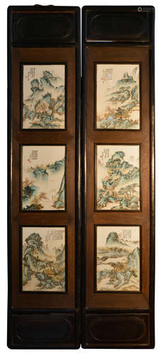 Pair Chinese Panel with Six Porcelain Plaques