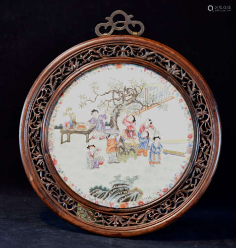 Chinese Porcelain Wall Plaque with Boy Scene