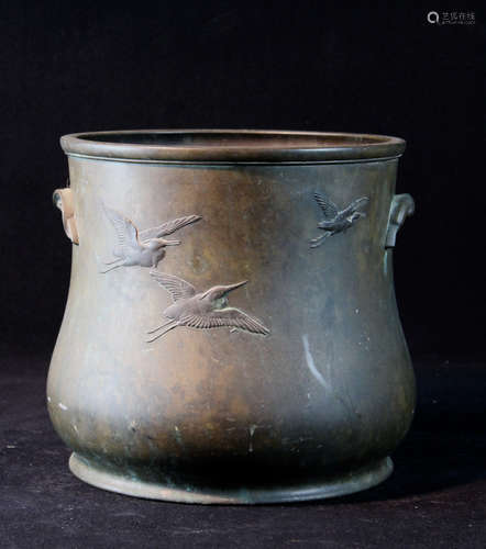 Japanese Bronze Hibachi Pot with Crane Scene