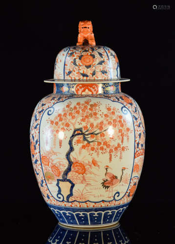 Japanese Large Imari Covered Jar with Foolion Finial