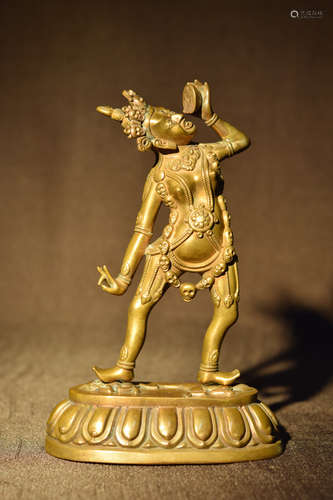 Tibetan Bronze Standing Diety with Skull Cup in Hand