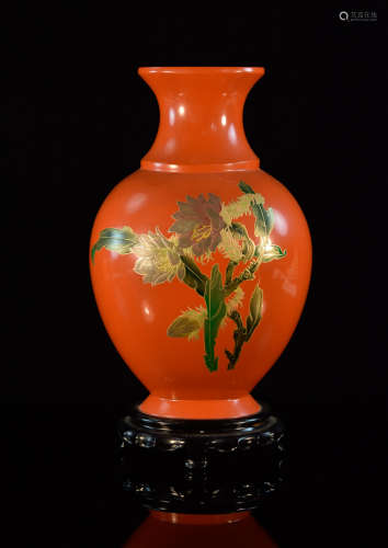 Chinese Fuzhou Lacquer Vase with Floral Scene