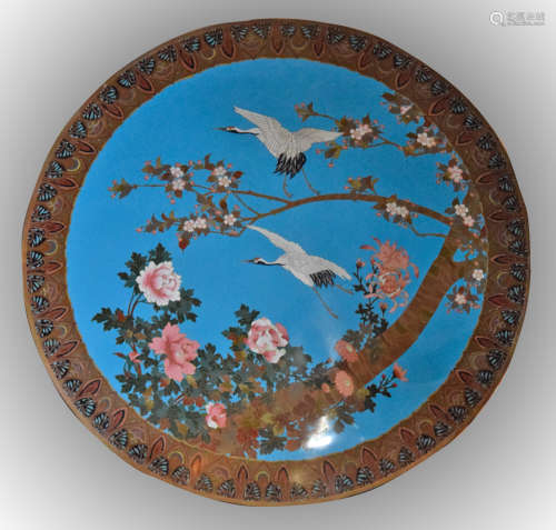 Massive Japanese Cloisonné Charger with Heron Scene