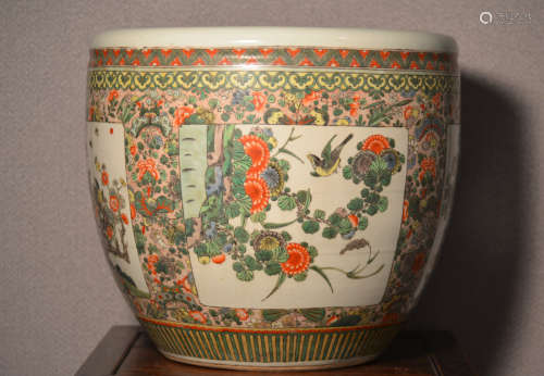 Chinese Famille Verte Porcelain Fish Bowl with Bird Scene