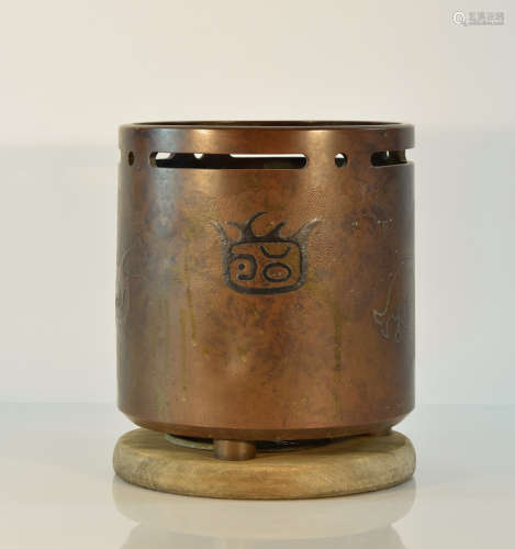 Japanese Cylindrical Bronze Hibachi with Mixed Metal Highlight