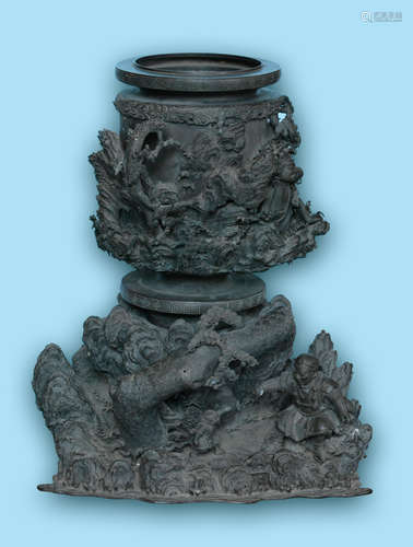 Japanese Bronze Vase with Samurai and Lohan Scene