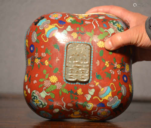 Chinese Cloisonne Covered Box with Jade Plaque