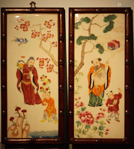 Pair Chinese Porcelain Tiles - Immortal Scene