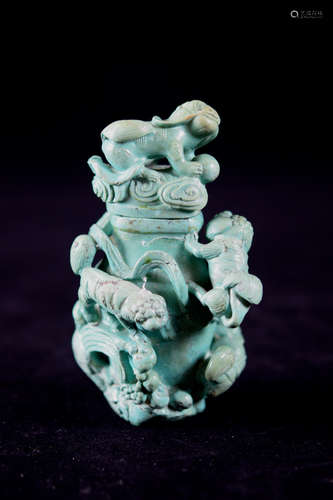 Chinese Turquois Carved Vase with Foolion