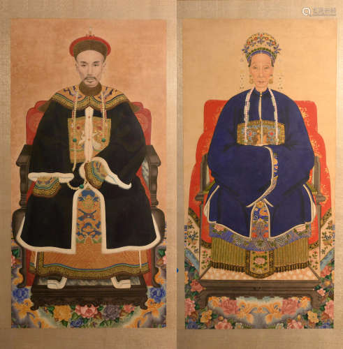 Pair Chinese Ancestor Painting on Paper