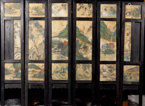 Set of Six Chinese Painting on Marble Screen