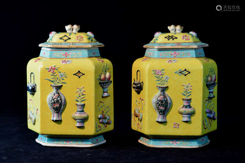 Pair Chinese Hexagonal Porcelain Vase