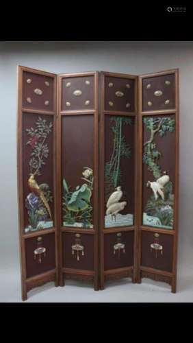 Chinese Cloisonne and Wood Floor Screen