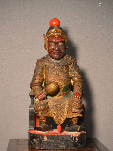 Chinese Lacquered Wood Temple Guardian