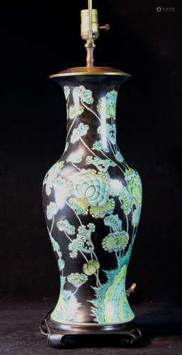 Chinese Famille Noire Porcelain Vase with Lotus Scene