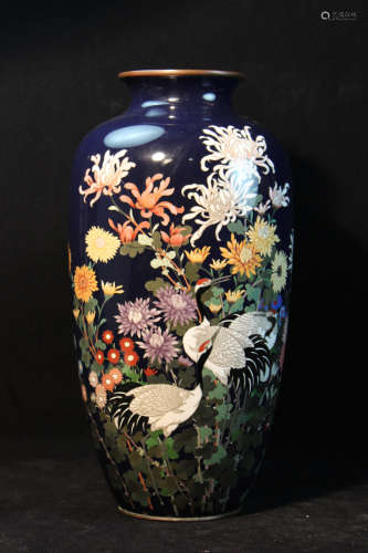 Japanese Cloisonne Vase with Floral and Crane Scene