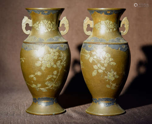 Pair Japanese Mixed Metal on Copper Vase - Peony Scene