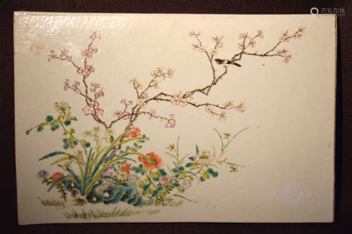 Chinese Famille Rose Porcelain Tile with Floral Scene