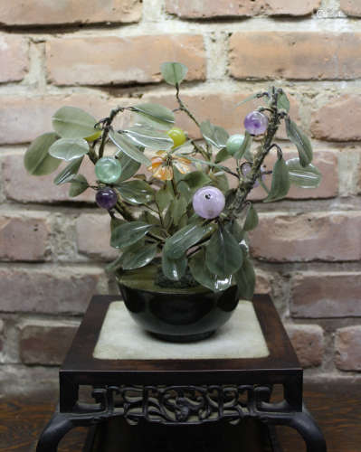 Chinese Jade Planter with Agate and Amythest Fruit