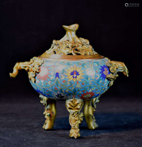 Chinese Cloisonne Censer with Gilt Bronze Squirrel