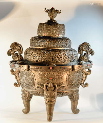 Massive Chinese Floor Censer with Inlays
